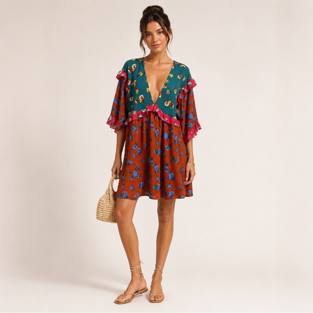 Anthropologie Rust Teal Floral Ruffle V-Neck Babydoll Mini Dress